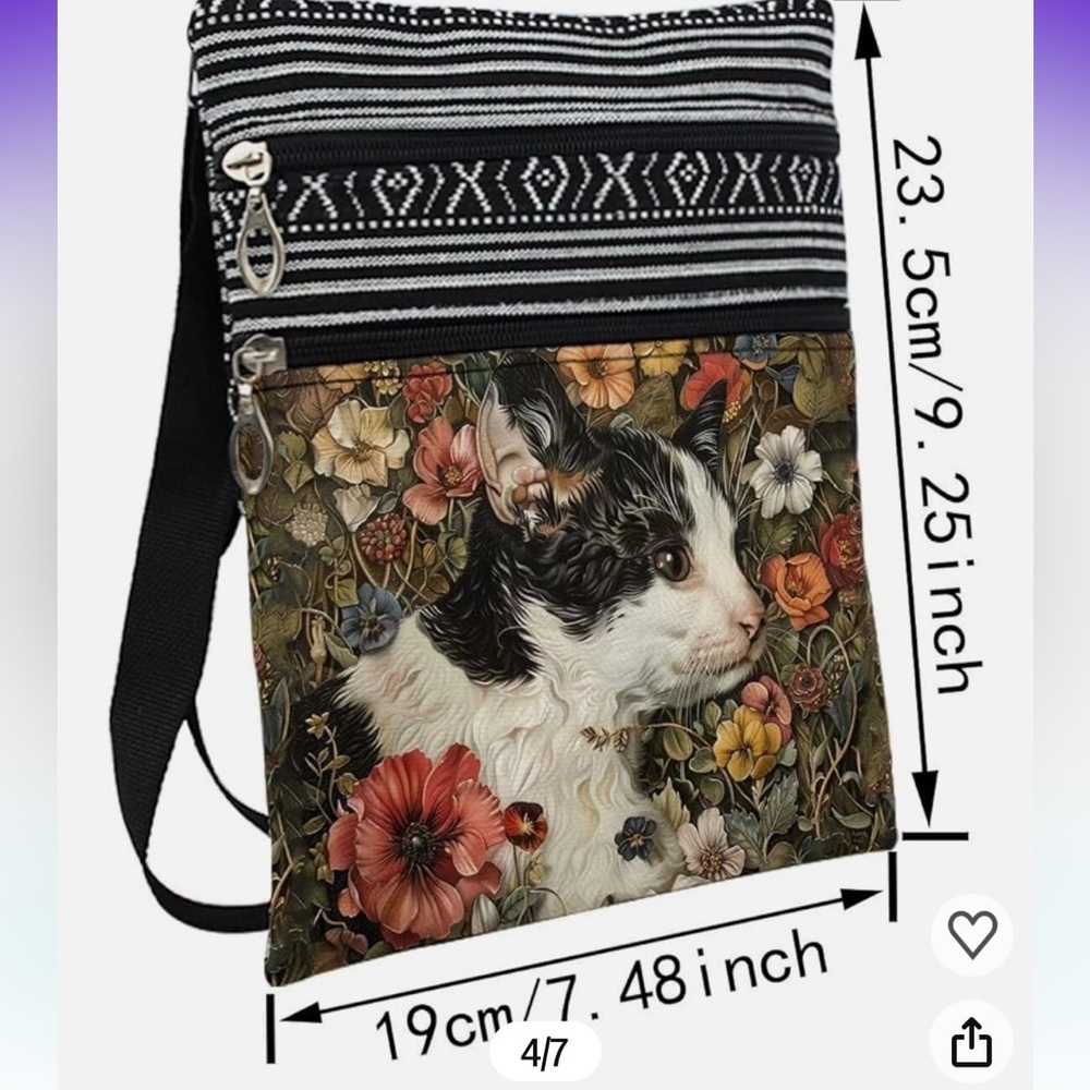 Floral Cat Messenger Bag Small Ethnic Pattern Black White Multicolor Women - Picture 3 of 5